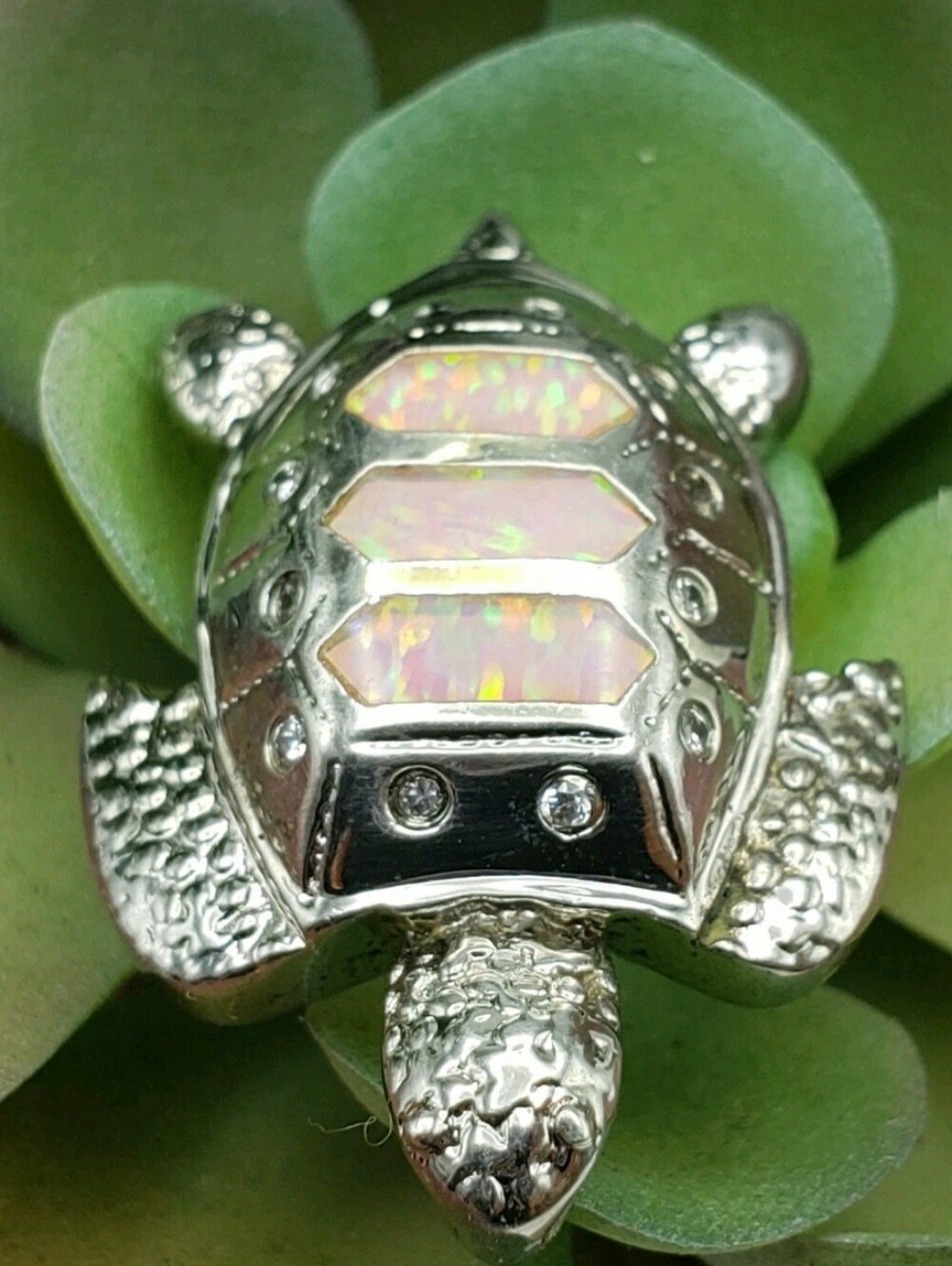 Turtle Sterling Silver .925 Pink Opalescent Inlaid Details Pendant Necklace